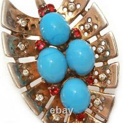 Trifari Sterling Dress Clip Alfred Philippe Turquoise Blue & Ruby Red Rhinestone