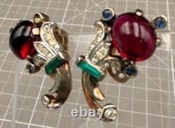 Trifari Sterling Earrings Red Cabochon & Rhinestones Alfred Philippe Era 1