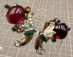 Trifari Sterling Earrings Red Cabochon & Rhinestones Alfred Philippe Era 1