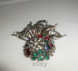 Trifari Sterling Silver Pin Alfred Philippe Floral Globe Jeweled Brooch 1940s