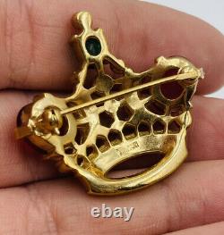 Trifari Vintage Alfred Philippe Gold Plated Rhinestone Glass Cabochon Crown Pin