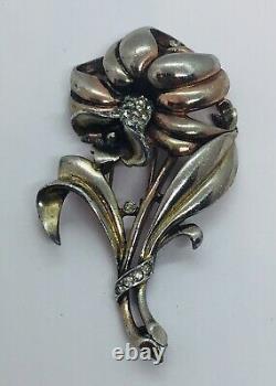 Trifari Vintage Alfred Philippe Metal Rhinestone Flower Fur Brooch Pin