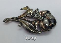 Trifari Vintage Alfred Philippe Metal Rhinestone Flower Fur Brooch Pin