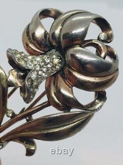 Trifari Vintage Alfred Philippe Metal Rhinestone Flower Fur Brooch Pin