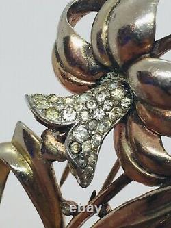 Trifari Vintage Alfred Philippe Metal Rhinestone Flower Fur Brooch Pin