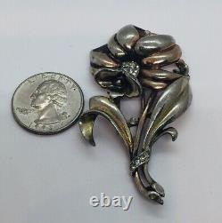 Trifari Vintage Alfred Philippe Metal Rhinestone Flower Fur Brooch Pin