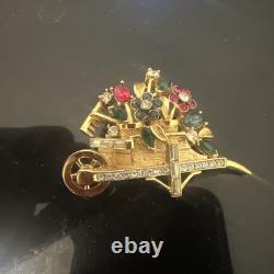 Trifari'alfred' Philippe' Multi Colour Stones Wheelbarrow Of Flowers Brooch Pin