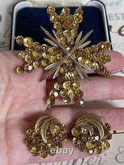 Trifari brooch & earrings Maltese Briolettes Cross 2 P Set Vintage 1966s Rare