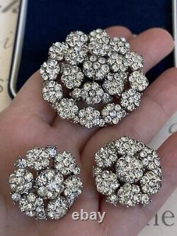 Trifari brooch & earrings Set Vintage 1950 clear Rhinestone pave silver tone