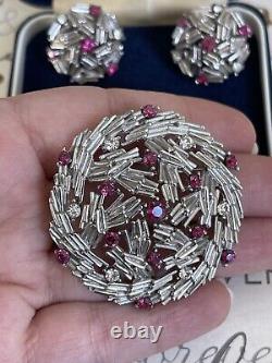 Trifari brooch & earrings Set Vintage 1960 Pink Rhinestone silver tone