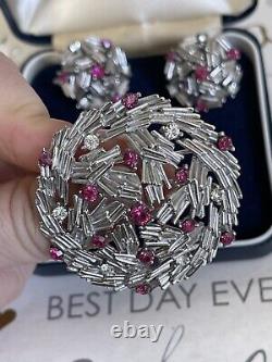 Trifari brooch & earrings Set Vintage 1960 Pink Rhinestone silver tone