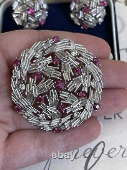 Trifari brooch & earrings Set Vintage 1960 Pink Rhinestone silver tone
