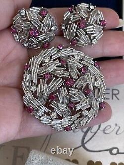 Trifari brooch & earrings Set Vintage 1960 Pink Rhinestone silver tone