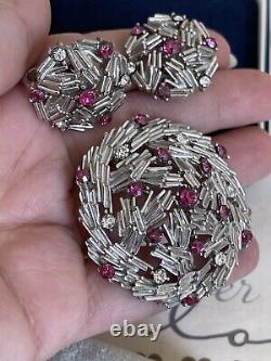 Trifari brooch & earrings Set Vintage 1960 Pink Rhinestone silver tone