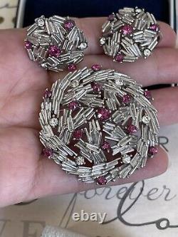 Trifari brooch & earrings Set Vintage 1960 Pink Rhinestone silver tone