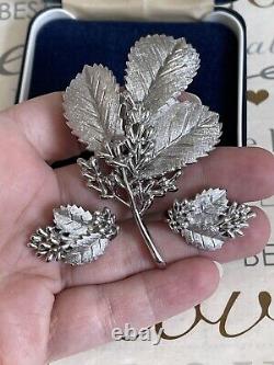 Trifari brooch & earrings Set leaf w berries Vintage 1960s silver color signet