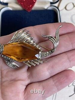 Trifari brooch fish Antique 1940's Alfred Philippe Sterling yellow Crystal glass