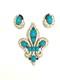Turquoise Crown Trifari Alfred Philippe Fleur de Lis Brooch Earrings set