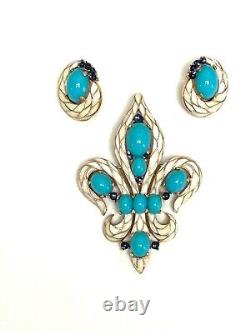 Turquoise Crown Trifari Alfred Philippe Fleur de Lis Brooch Earrings set
