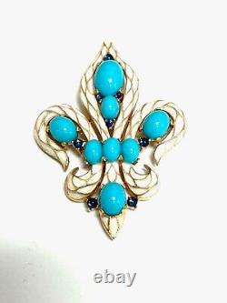 Turquoise Crown Trifari Alfred Philippe Fleur de Lis Brooch Earrings set