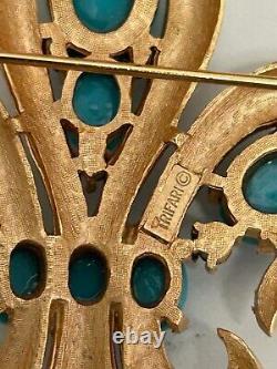 Turquoise Crown Trifari Alfred Philippe Fleur de Lis Brooch Earrings set
