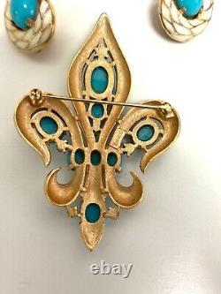 Turquoise Crown Trifari Alfred Philippe Fleur de Lis Brooch Earrings set