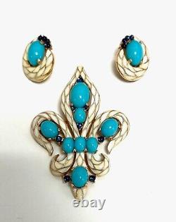 Turquoise Crown Trifari Alfred Philippe Fleur de Lis Brooch Earrings set
