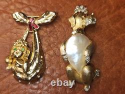 Two Rare Vintage Crown Trifari Alfred Philippe Rhinestone Poodle Dog Pin Brooch
