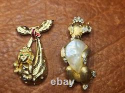Two Rare Vintage Crown Trifari Alfred Philippe Rhinestone Poodle Dog Pin Brooch
