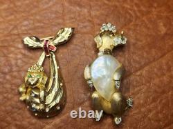Two Rare Vintage Crown Trifari Alfred Philippe Rhinestone Poodle Dog Pin Brooch
