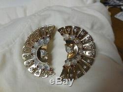 Two Vintage Crown Trifari Alfred Philippe sterling silver moonstone fur clips