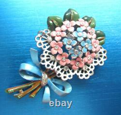 Unique Crown Trifari Alfred Philippe Flower Bouquet Enamel Fur Clip Brooch Tf6