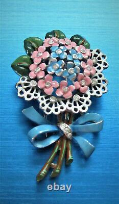 Unique Crown Trifari Alfred Philippe Flower Bouquet Enamel Fur Clip Brooch Tf6