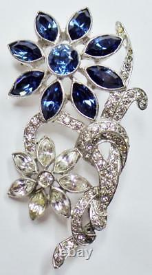 Unsigned Trifari Philippe Deco Sapphire Diamante Rhinestone Flower Brooch Pin