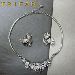 VINTAGE ALFRED PHILIPPE crown TRIFARI Silver rhinestone necklace + earring set