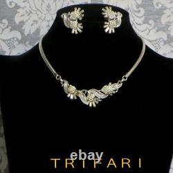 VINTAGE ALFRED PHILIPPE crown TRIFARI Silver rhinestone necklace + earring set