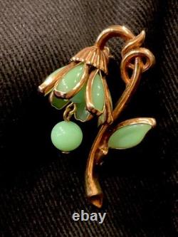 VINTAGE Rare CROWN TRIFARI JADEITE Flower Pin Brooch Alfred Philippe 1950s GLAM