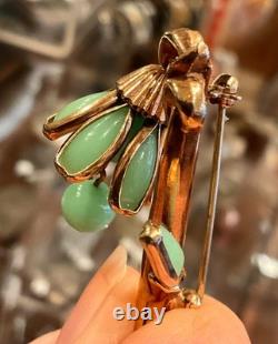 VINTAGE Rare CROWN TRIFARI JADEITE Flower Pin Brooch Alfred Philippe 1950s GLAM