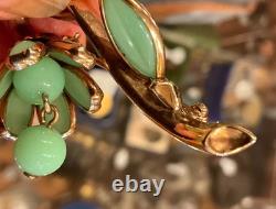 VINTAGE Rare CROWN TRIFARI JADEITE Flower Pin Brooch Alfred Philippe 1950s GLAM