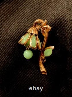 VINTAGE Rare CROWN TRIFARI JADEITE Flower Pin Brooch Alfred Philippe 1950s GLAM