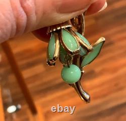 VINTAGE Rare CROWN TRIFARI JADEITE Flower Pin Brooch Alfred Philippe 1950s GLAM