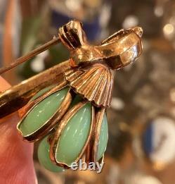 VINTAGE Rare CROWN TRIFARI JADEITE Flower Pin Brooch Alfred Philippe 1950s GLAM