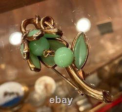 VINTAGE Rare CROWN TRIFARI JADEITE Flower Pin Brooch Alfred Philippe 1950s GLAM