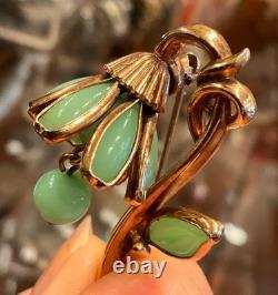 VINTAGE Rare CROWN TRIFARI JADEITE Flower Pin Brooch Alfred Philippe 1950s GLAM