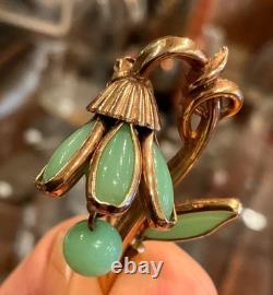 VINTAGE Rare CROWN TRIFARI JADEITE Flower Pin Brooch Alfred Philippe 1950s GLAM