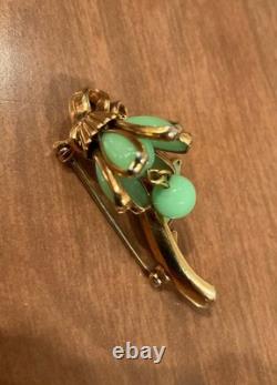 VINTAGE Rare CROWN TRIFARI JADEITE Flower Pin Brooch Alfred Philippe 1950s GLAM