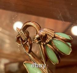 VINTAGE Rare CROWN TRIFARI JADEITE Flower Pin Brooch Alfred Philippe 1950s GLAM