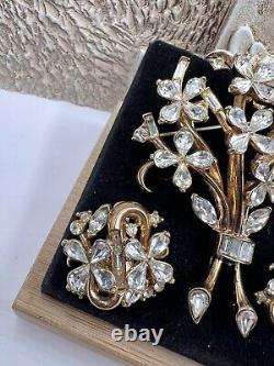 VTG 1940s Alfred Philippe Flower Rhinestone Set Brooch Earrings Pat Pend GILT