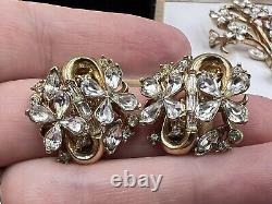 VTG 1940s Alfred Philippe Flower Rhinestone Set Brooch Earrings Pat Pend GILT