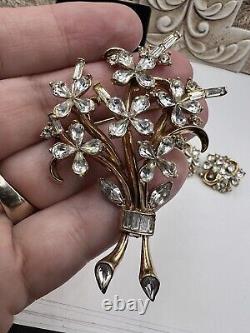 VTG 1940s Alfred Philippe Flower Rhinestone Set Brooch Earrings Pat Pend GILT